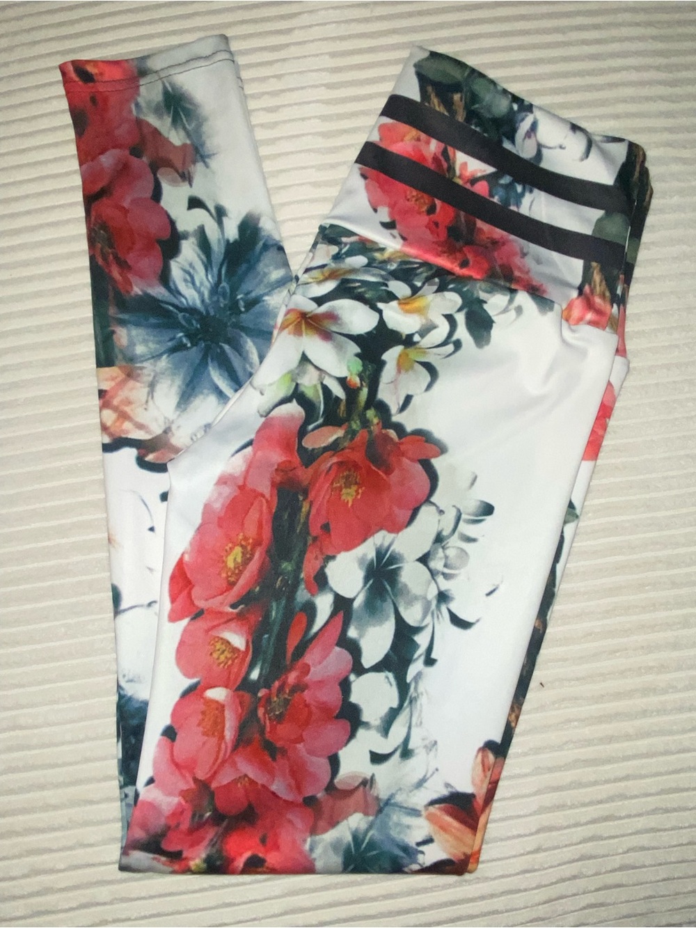 White Floral Print Leggings with Pink & Green Blooms